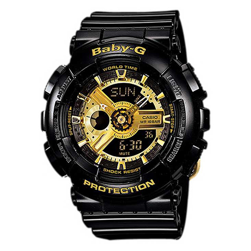 Casio Baby-G แท้แน่นอน 100% นาฬิกาข้อมือผู้หญิง สีดำ/สีทอง สายเรซิ่น รุ่น BA-110-1A Black