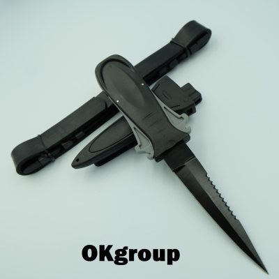 OKgroup มีดดำน้ำ มีดดำน้ำลึก มีดแทงปลา มีดใต้น้ำ มีดพกพา ใบมีดสแตนเลสสตีล420ทนสนิม ยาว18.7ซม. แถมปลอกพลาสติกABSและยางรัดขาอย่างดี FX006