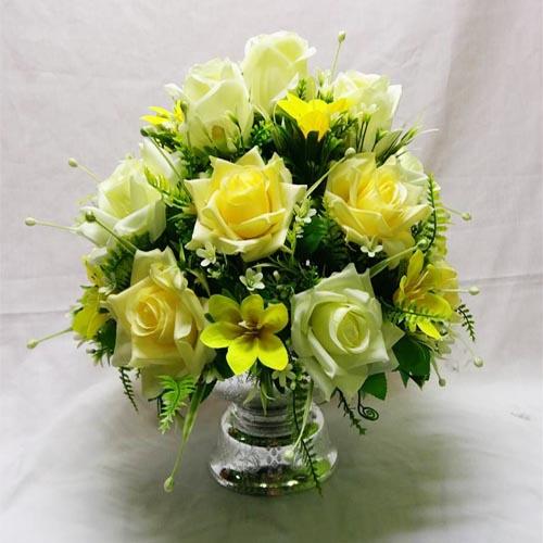 พานพุ่มใหญ่ สีเงิน ดอกไม้ประดิษฐ์ โทนสีขาวเหลือง ดอกไม้ปลอม งานสวยงามเหมือนดอกไม้จริง
