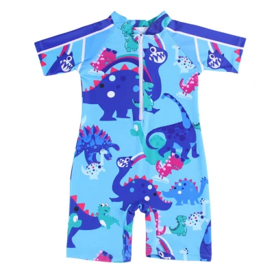 SYD Kids Boys One-piece Swimsuit Cute Cartoon Short-sleeved Anti-sunburn Conservative Swimwear For 8-12 Years Old