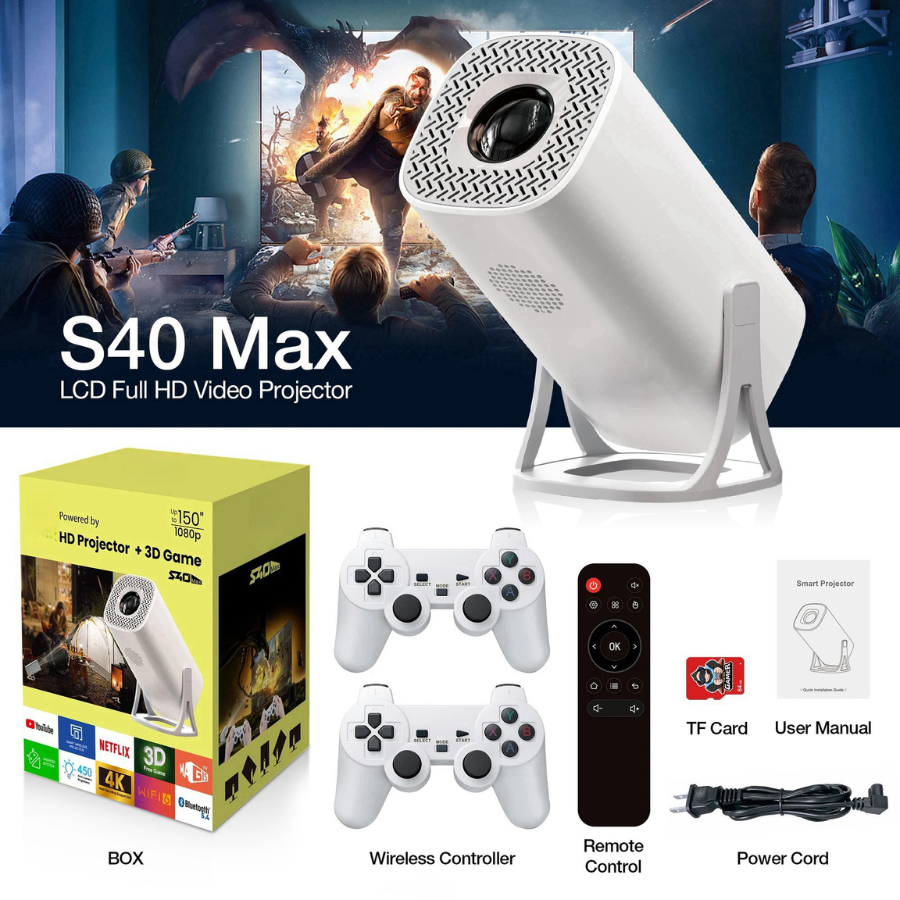 New S40Max Projector Game Projector Connects to Mobile Phone Wifi Bluetooth 4K Android 11.0 with Join 3D Games Wireless Sent from Bangkok. ราคา 2,265 บาท*ส่งฟรี