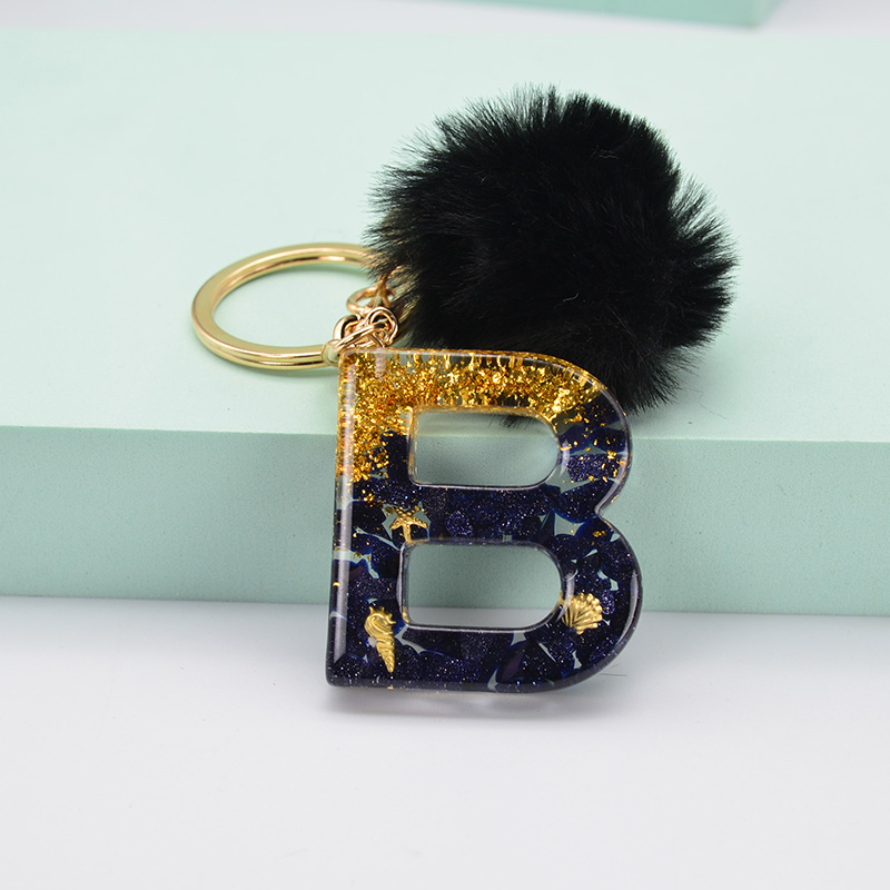 1Pc Black Pompom Letter Keychain English Alphabet Keyring Glitter