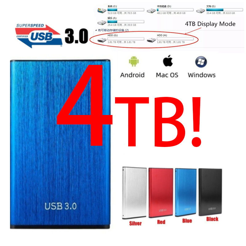4TB / 500GB / 1TB / 2TB Large Capacity Portable USB 3.0 Hard Drive Mobile Hard Disk Storage Device Disk for Home Office School Desktop Notebook Universal