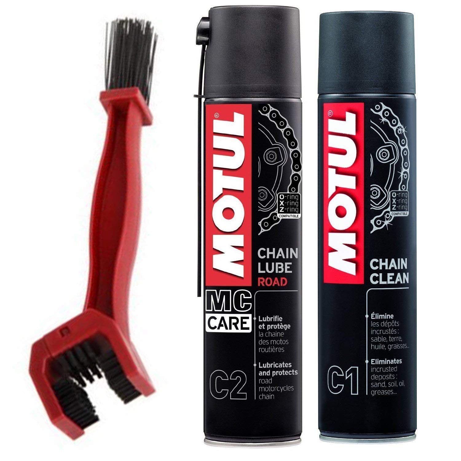 MOTUL ชุดทำความสะอาดและหล่อลื่นโซ่ C1+C2 CHAIN MAINTENANCE KIT ยืดอายุการใช้งานของโซ่ ช่วยให้เครื่องยนต์ส่งกำลังได้เต็มที่ ลดอาการสะบัดเมื่อใช้ความเร็วสูง ลดแรงเสียดทาน ป้องกันการกัดกร่อน ป้องกันน้ำเกลือและป้องกันสนิม ขนาด400 ml.x 2กระป๋อง