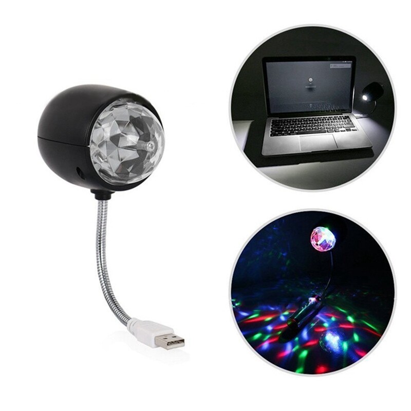 2X USB Disco Ball Lamp, Rotating RGB Colored LED Stage Lighting Party Bulb with 3W Book Light, USB Powered (Black)