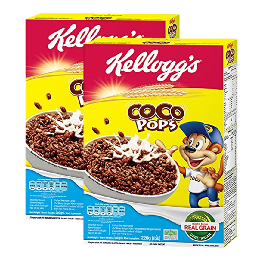 Kelloggs COCO POPS Breakfast Cereal เคลล็อกส์ โกโก้ ป็อป ซีเรียล ข้าวพองเคลือบรสโกโก้ 220g. (2กล่อง)