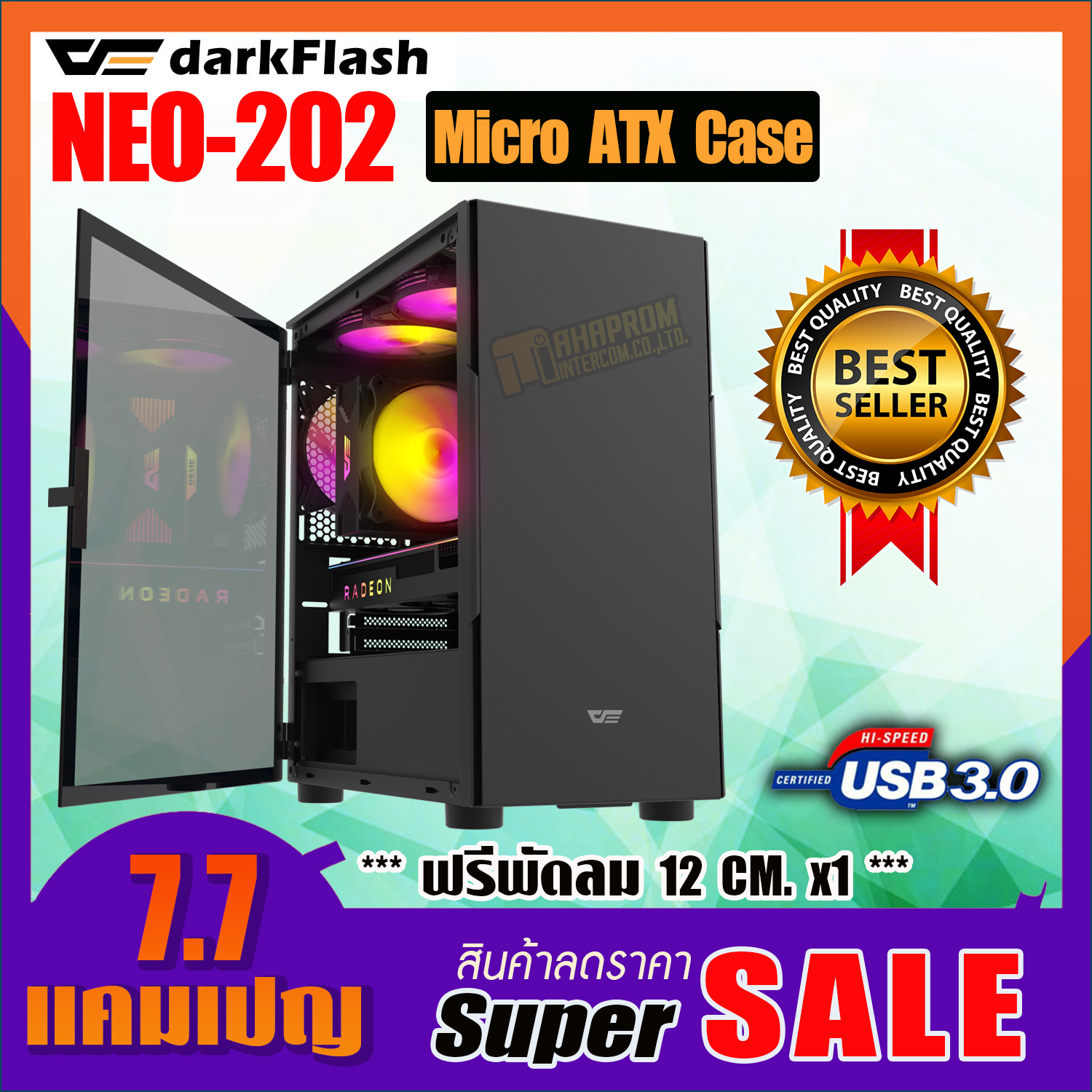 เคสเกมส์มิ่ง Computer Case Micro ATX DarkFlash NEO202 สีดำพร้อมพัดลม 12 cm. x1