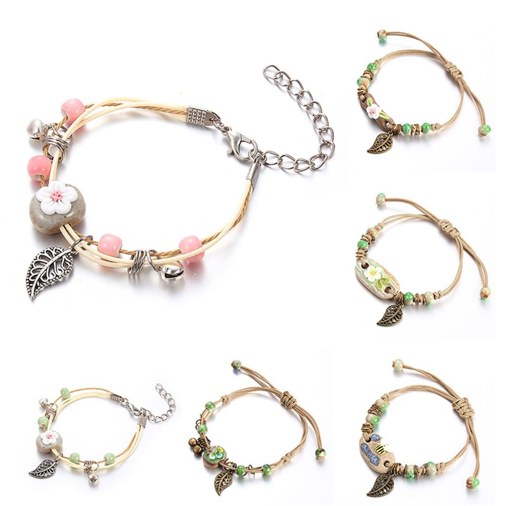 Zhuafengxi Woman Bee Decor Handmade Leaf Ceramic Wristband Retro Flower