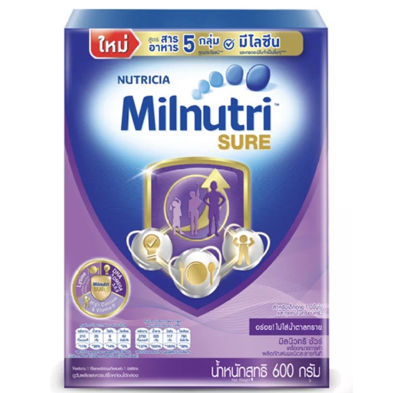 Milnutri Sure มิลนิวทริ ชัวร์ นมผง สำหรับเด็กอายุ 1 ปีขึ้นไป ไม่ใส่น้ำตาลขนาด600กรัม 1กล่อง