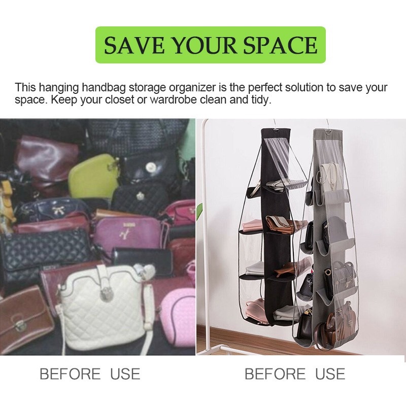 8 Grids Women Bag Organizer Storage Hanging Antidust Shelf Tote Bag