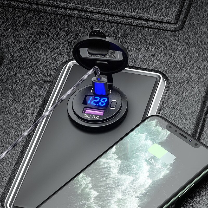 48W USB Type C Car Usb Charger Socket 12V/24V Dual USB Outlet PD3.0&QC3.0 Car Socket with LED Voltmeter and ON/Off Switch Fast C