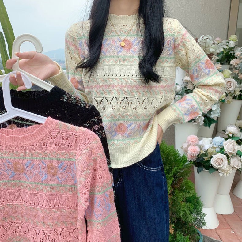 เสื้อถักไหมพรม แขนยาว ลายดอกไม้ มี 3 สี น่ารักสุดๆ สินค้าพร้อมส่ง ...