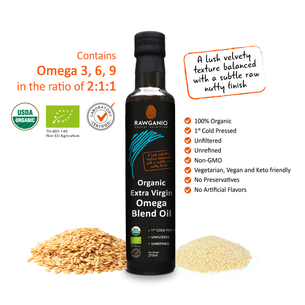 Rawganiq น้ำมันรวมอุดมไปด้วยโอเมก้า 3,6,9 Organic Extra Virgin Omega Blend Oil (2:1:1), Cold Pressed, Unrefined (275ml)