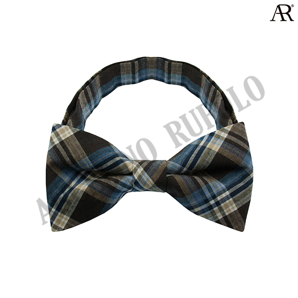 ANGELINO RUFOLO Bow Tie ผ้าไหมทอผสมคอตตอนคุณภาพเยี่ยม โบว์หูกระต่ายผู้ชาย ดีไซน์ Checkered Plate สีน้ำตาลเข้ม/สีกรมท่า
