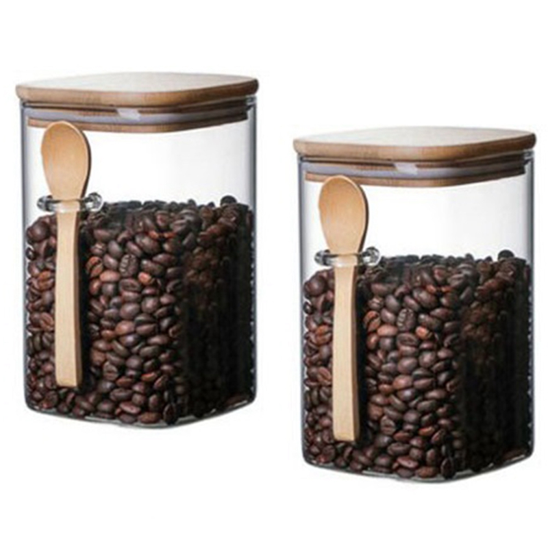 2 Pcs Storage Tank with Spoon/Jar for Sealed Condiment /Coffee Beans Tank/Sugar Storage Bottle/Tea Box