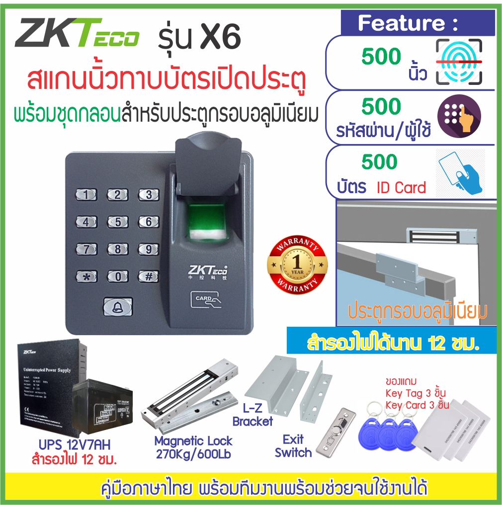 ZkTeco X6 เครื่องสแกนนิ้วและทาบบัตรเปิดประตูด้วยคีย์การ์ด ชุดกลอน