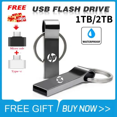 แฟลชไดรฟ์ 1TB/2TB Pen Drive HP USB2.0 Drive 2000GB Metal Pendrive + OTG Adapter High Speed Flash Drive 3264128