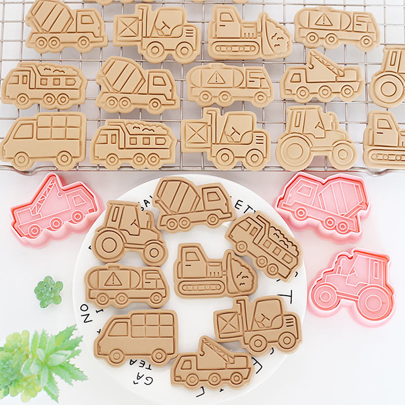 8PCS Engineering Truck Cookie Cutter Plastic 3D Cartoon Pressable Biscuit Mold