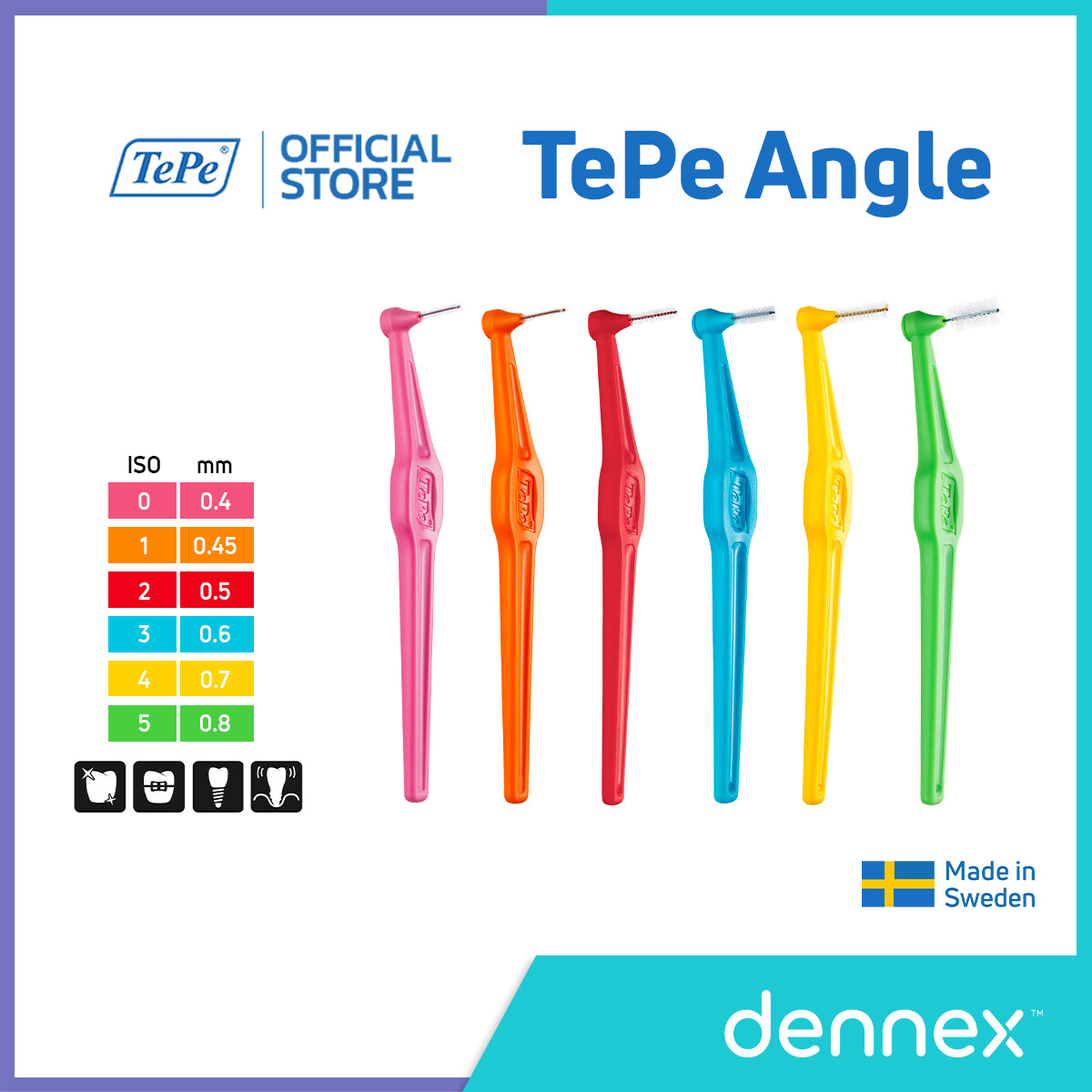 TePe Angle แปรงซอกฟัน ด้ามยาว แปรงซอกฟันเทเป้ แองเกิ้ล คละสี แพ็ค 6 ชิ้น by Dennex