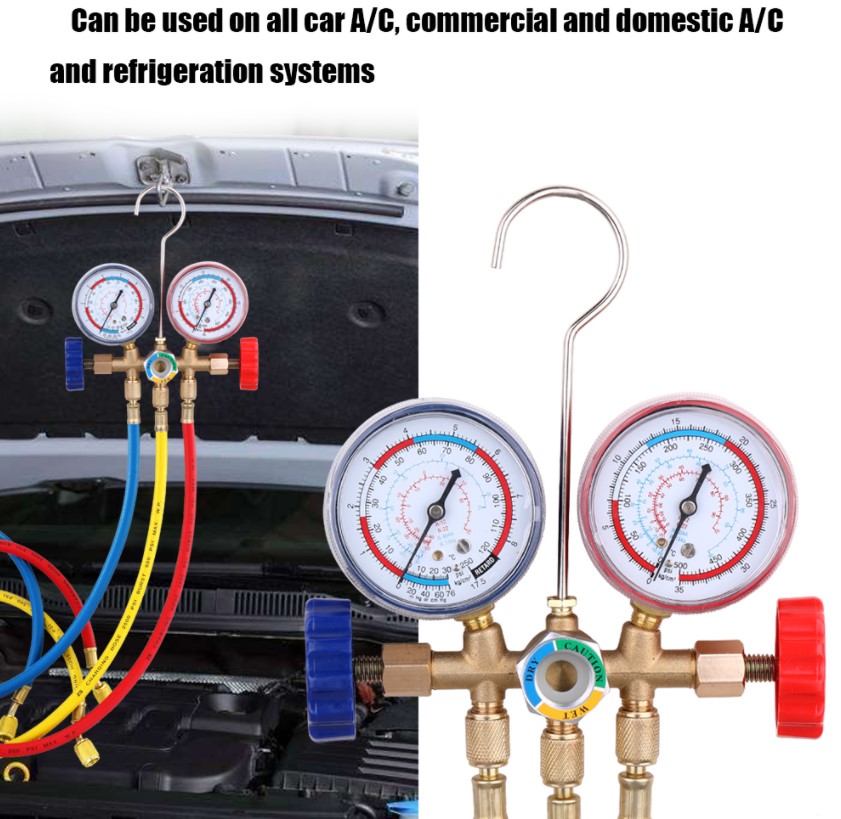 Refrigerant Manifold Gauge Air Condition Refrigeration Set Air Conditioning Tools with Hose and Hook for R12 R22 R404A R134A Air Conditioning Refrigeration
