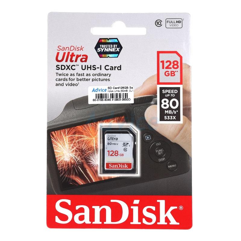 SD Card 128GB SanDisk Ultra (Class 10, 80MB/s.) ความเร็วอ่าน: จนถึง 80 MB/s ประกัน 10Y
