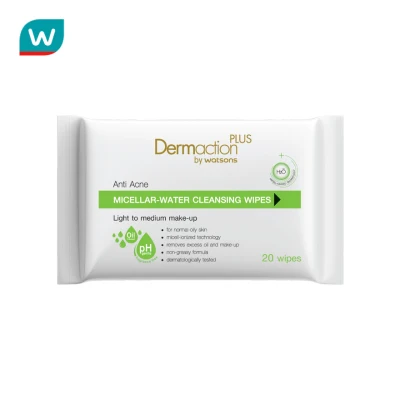 Dermaction Plus by Watsons Anti-Acne Micellar Water Cleansing Wipes 20 sheets.