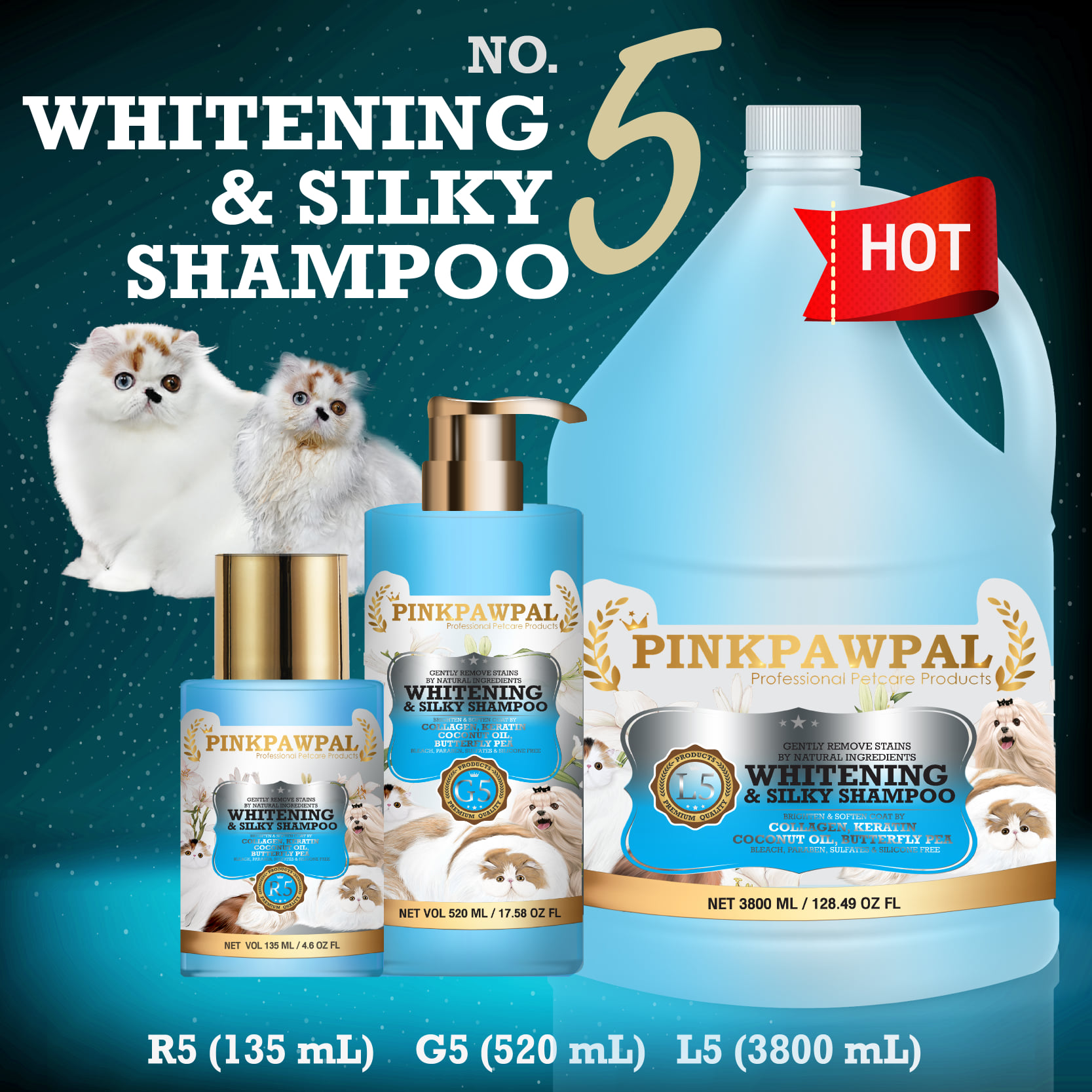 พิ้งค์พอว์พัล No.5 แชมพูสูตรขนนุ่มสว่างสดใส ขนาด 135/520/3800 มล. (Pinkpawpal No.5 Whitening & Silky Shampoo 135/520/3800 ml.)