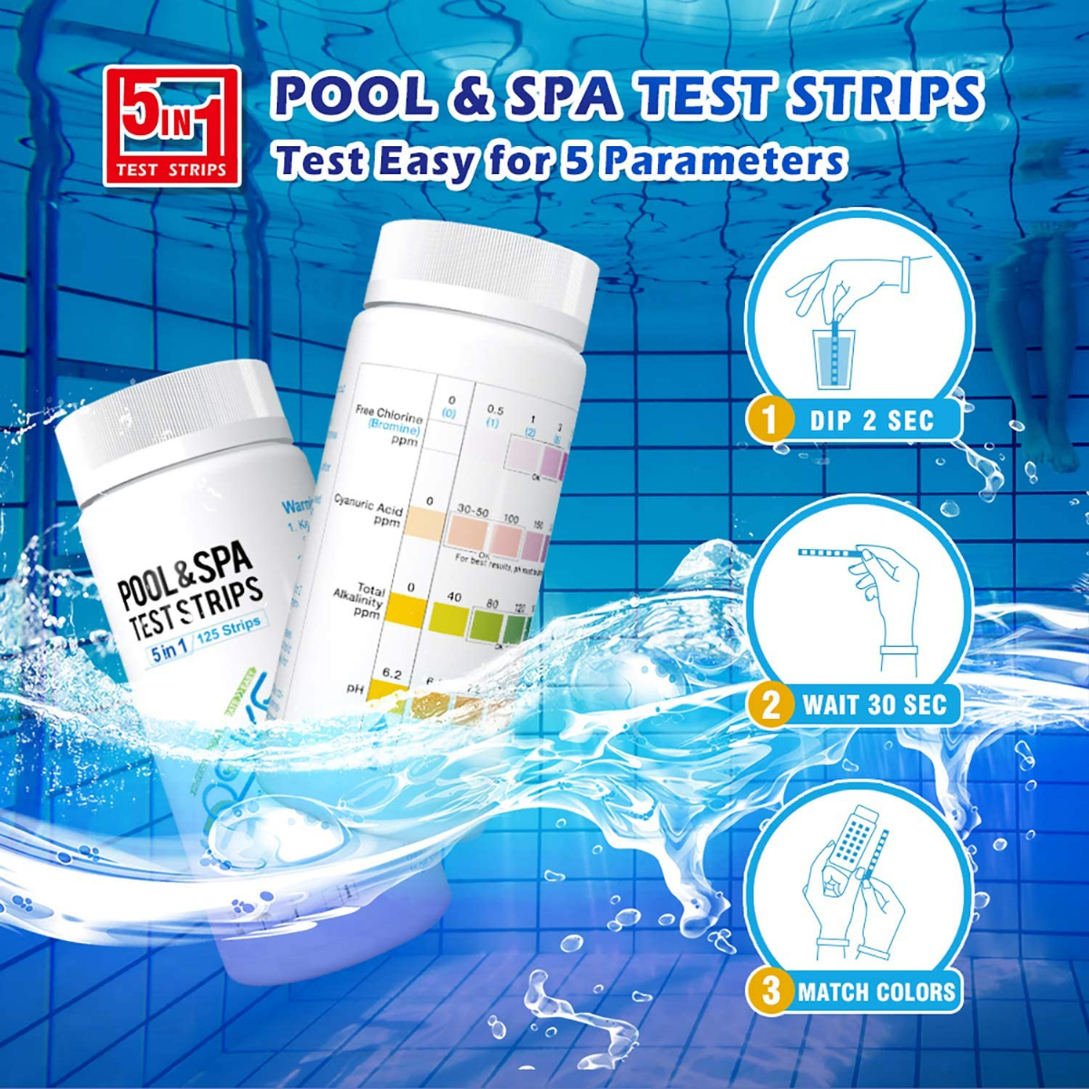 BOSIKE Pool and Hot Tub Test Strips, 125 Strips Swimming Pool Water ...