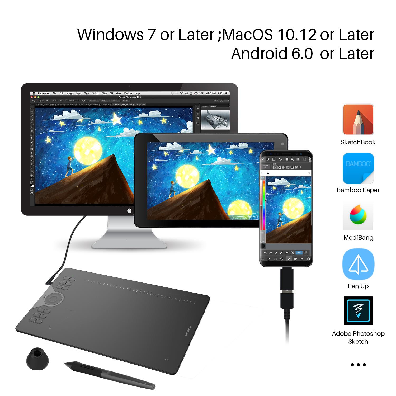 Huion HS610 Digital Graphics Drawing Tablet with Touch Ring and 28