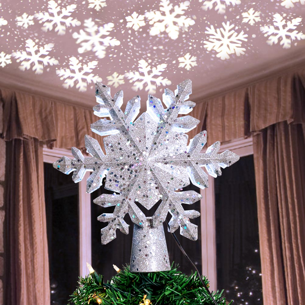 Ourwarm Christmas Tree Topper Lighted With White Snowflake Projector