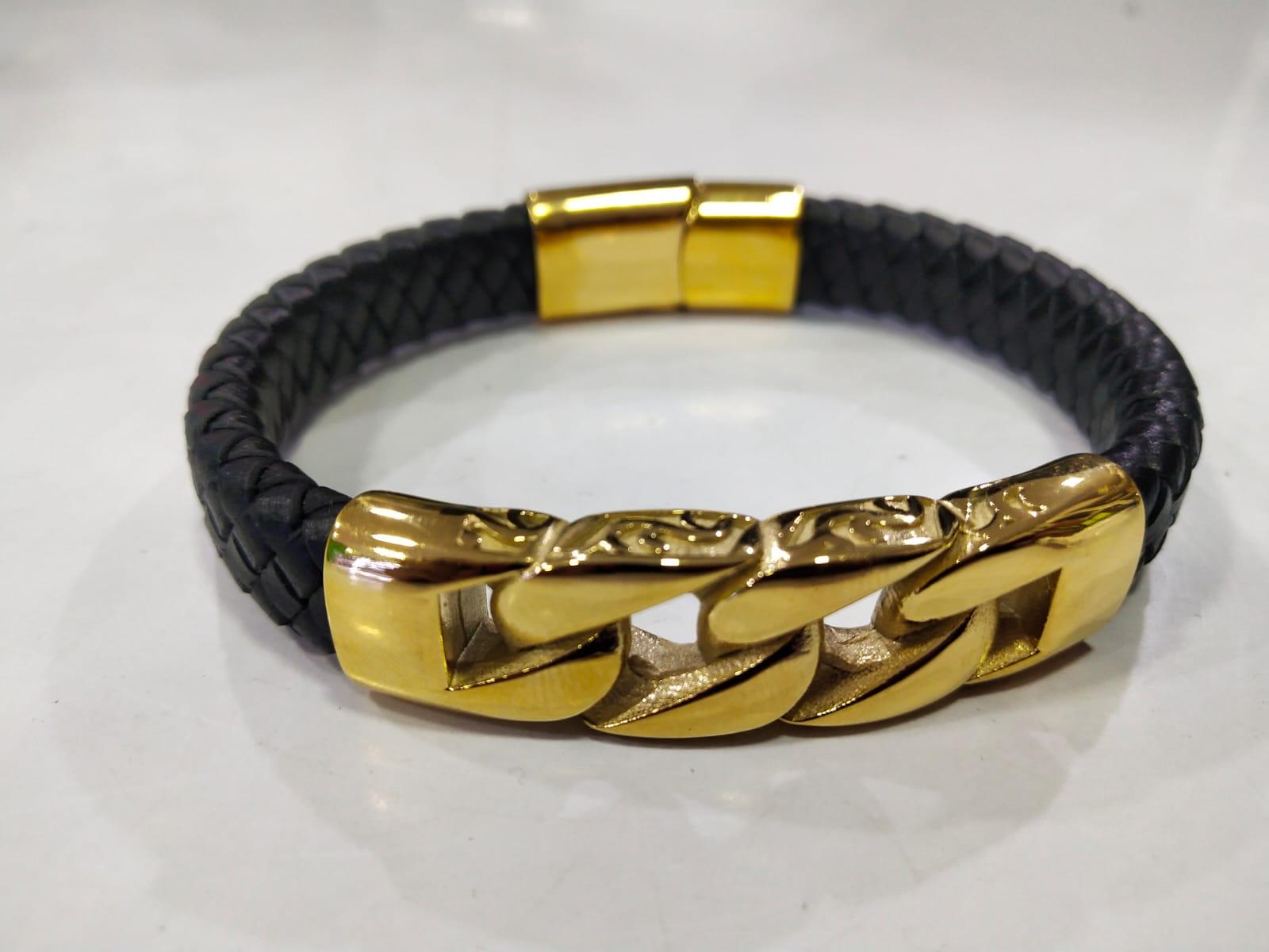 Stainless Steel Man Leather Bangle Bracelet with Gold Plating Huge Design