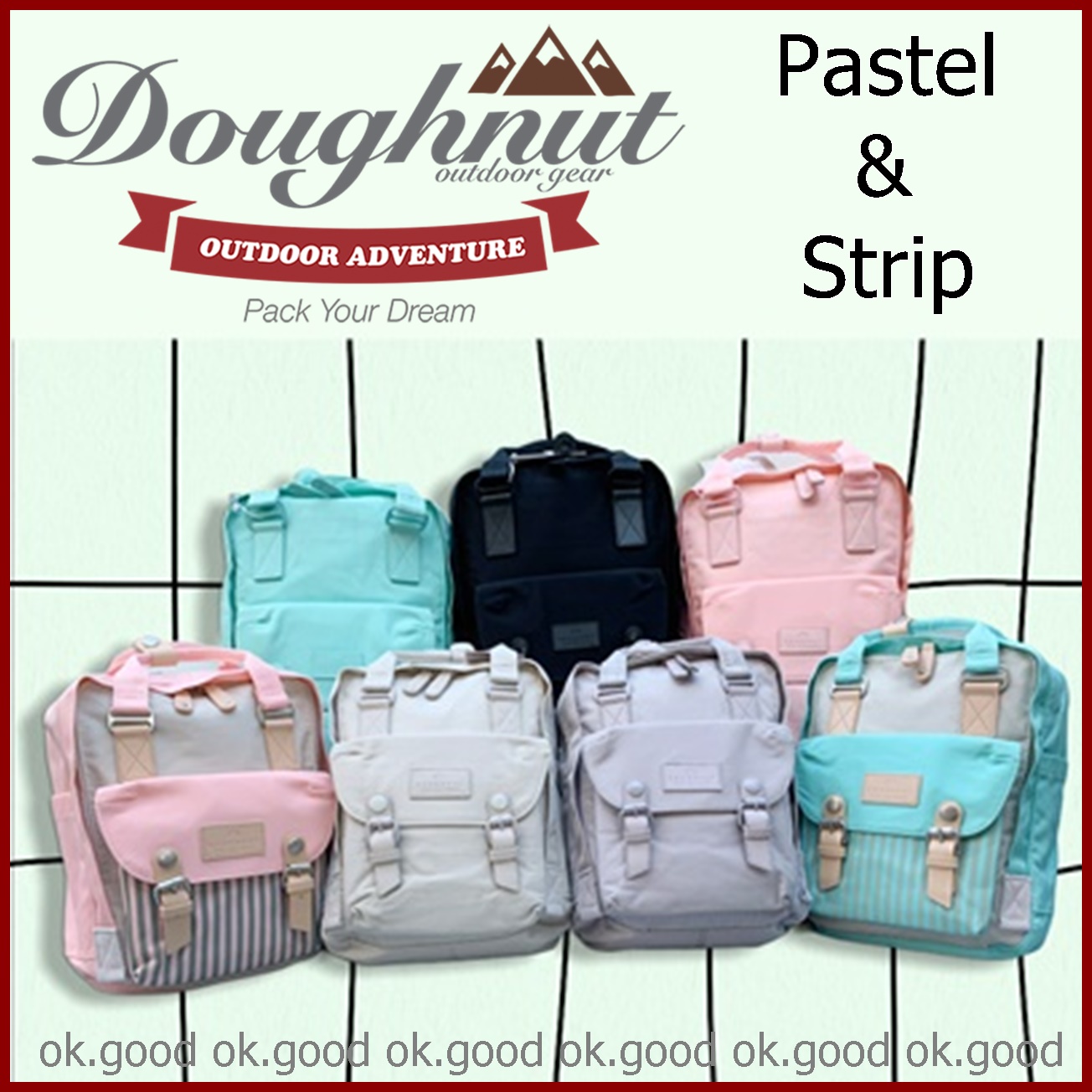 ok.good Doughnut Macaroon Backpack Pastel & Strip แท้100 แถมตุ๊กตาพวง