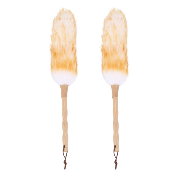 2X Lambs Wool Duster with Solid Wooden Handle,Flexible Head,Leather Hang Strap, Grip Natural Feather Dust Duster