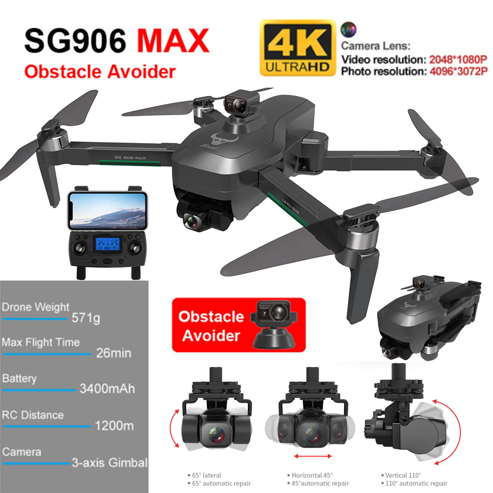 ทั้งหมดแบตเตอรี่ 3 ก้อน【SG906 MAX Combo】GPS เครื่องบิน ล่าสุด พร้อมWifi FPV 5G 4Kกล้อง3-Axis Gimbal Brushless Professional Quadcopter โดรน หลีกเลี่ยงอุปสรรค vs dji