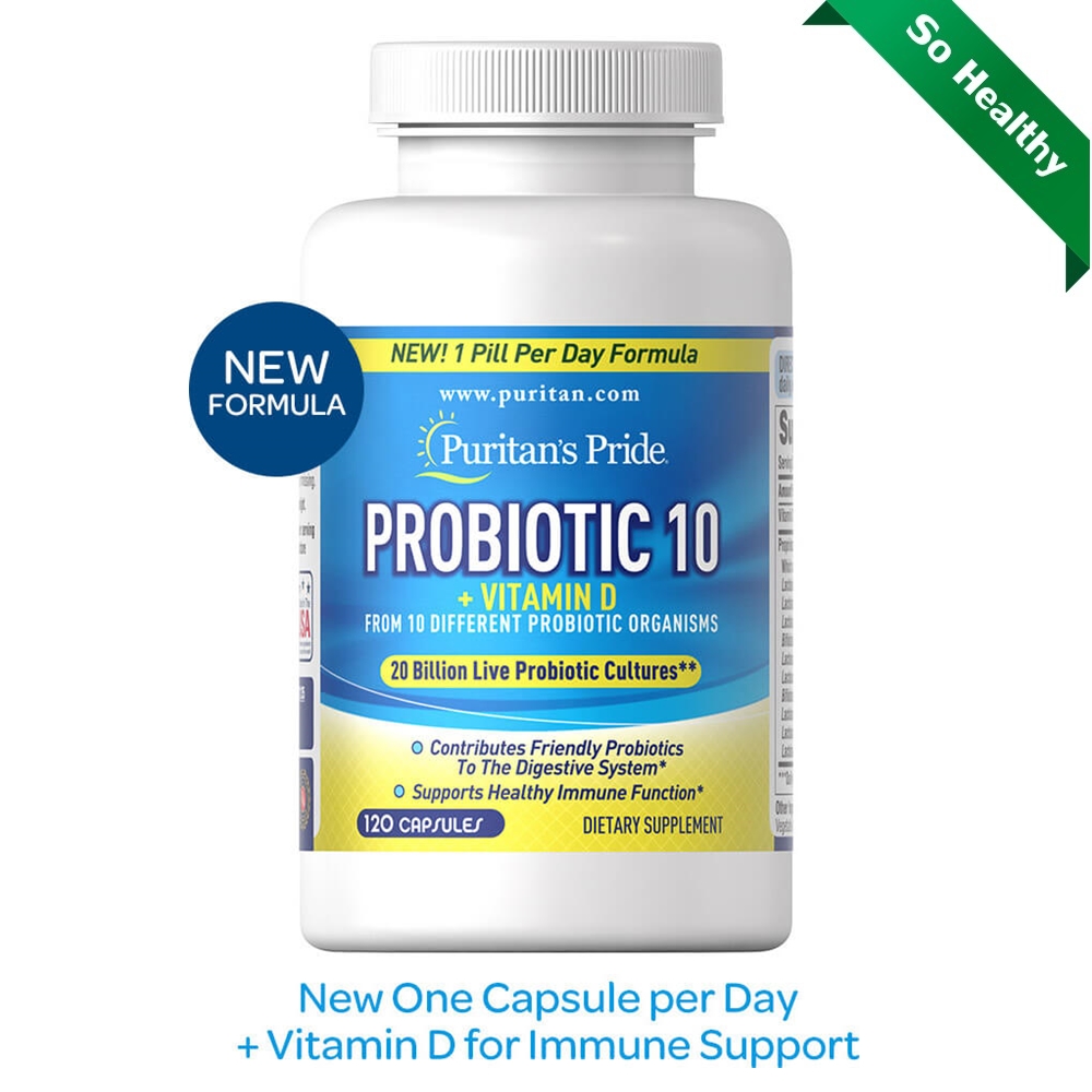 ((สูตรใหม่ ขวดใหญ่ 120 เม็ด ทานวันละ 1 เม็ด))  Puritan's Pride Probiotic 10 with Vitamin D 120 Capsules