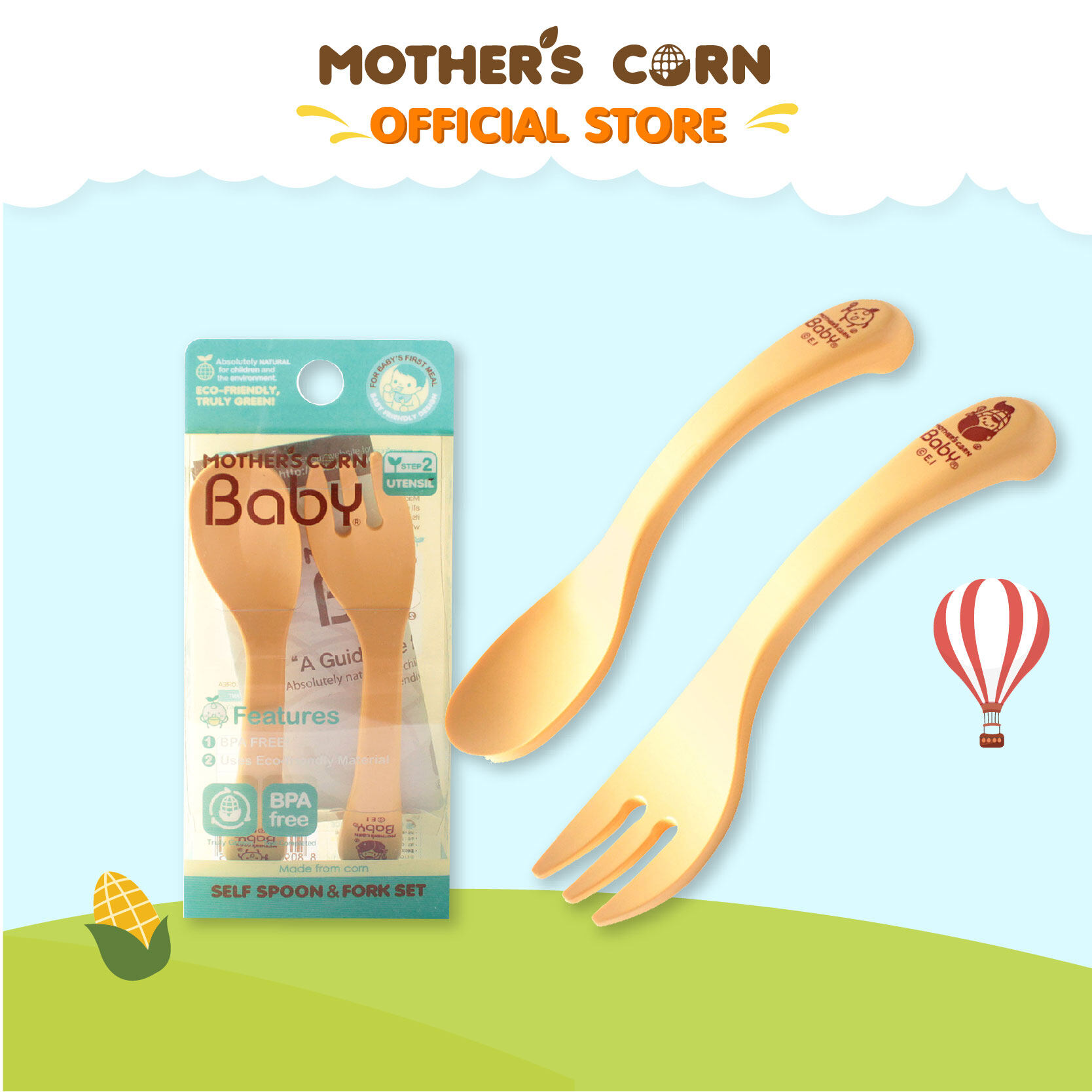 ซื้อที่ไหน Mother's Corn Self Training Spoon & Fork Set มาเธอร์คอน ชุดช้อนส้อมหัดทานเอง เสต็ป 3