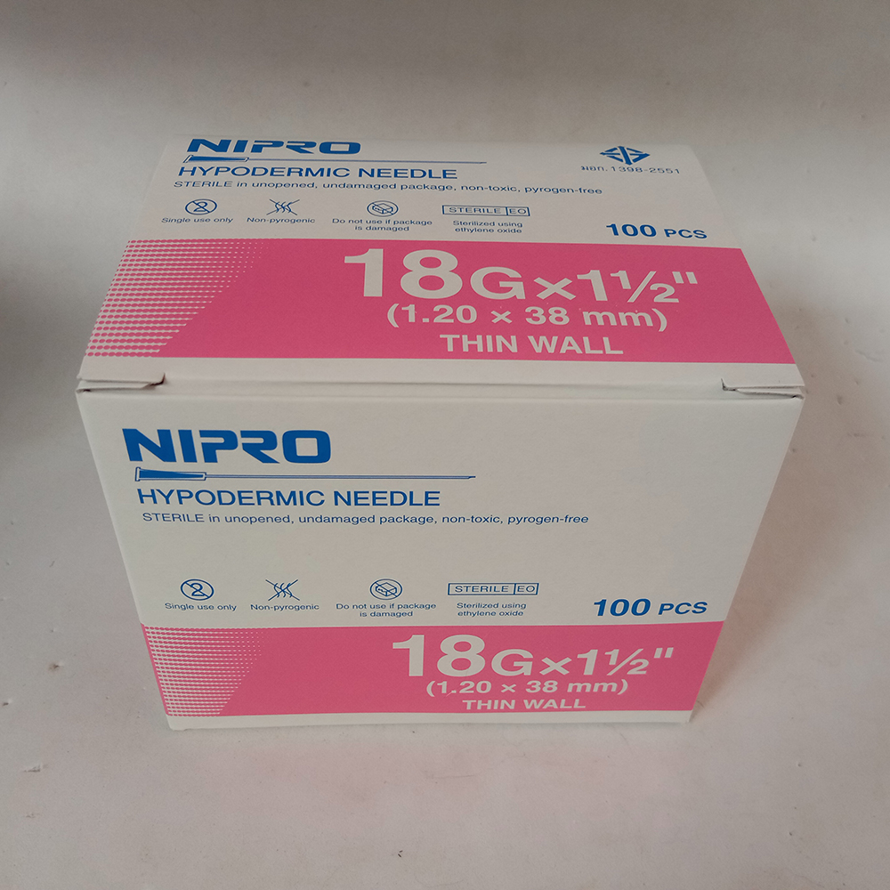 เข็มฉีดยา เบอร์ 18 g x 1.5 นิ้ว (1.2 x 38 mm) 1 กล่อง (100 ชิ้น)  NIPRO HYPODERMIC NEEDLE THIN WALL สำหรับฉีดยา วัคซีน น้ำเกลือ ใต้ผิวหนัง ใช้ได้ทั้งคน สัตว์เลี้ยง