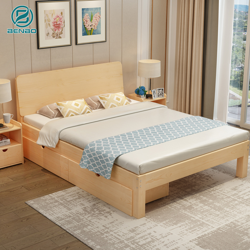 BENBO Furnitureโมเดิร์นที่เรียบง่ายเตียงไม้เนื้อแข็ง6 ฟุต1.8 เมตรเตียงคู่ห้องนอนใหญ่ เตียงไม้สนพร้อมลิ้นชักSTYZLSMC01