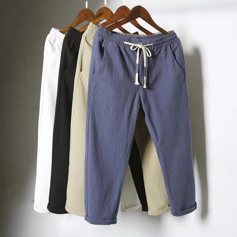 กางเกงขายาวผ้าลินินสำหรับผู้ชายในช่วงฤดูร้อนกางเกงลำลองผ้าฝ้ายและกางเกงลินินทรงหลวม