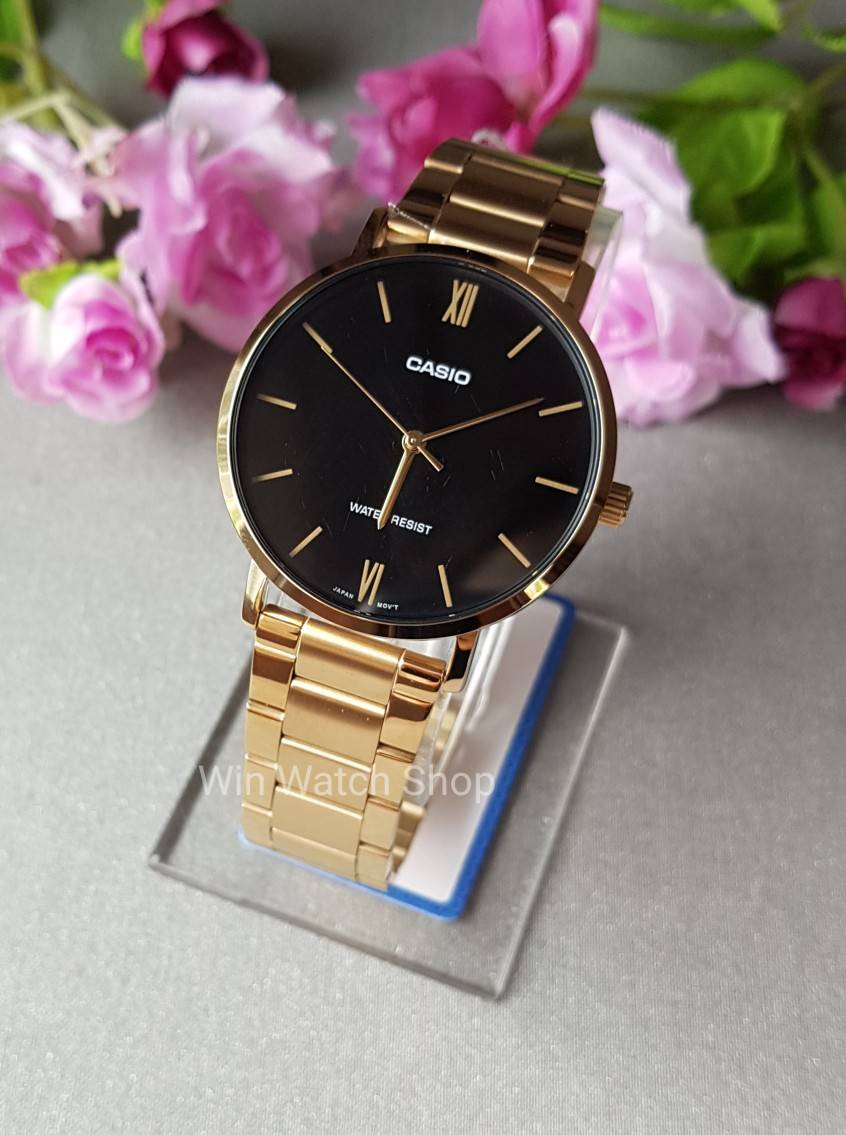 นาฬิกา Casio รุ่น LTP-VT01G-1B นาฬิกาสำหรับผู้หญิง สายแสตนเลส สีทอง หน้าปัดดำ - มั่นใจ ของแท้ 100% รับประกันสินค้า 1 ปีเต็ม