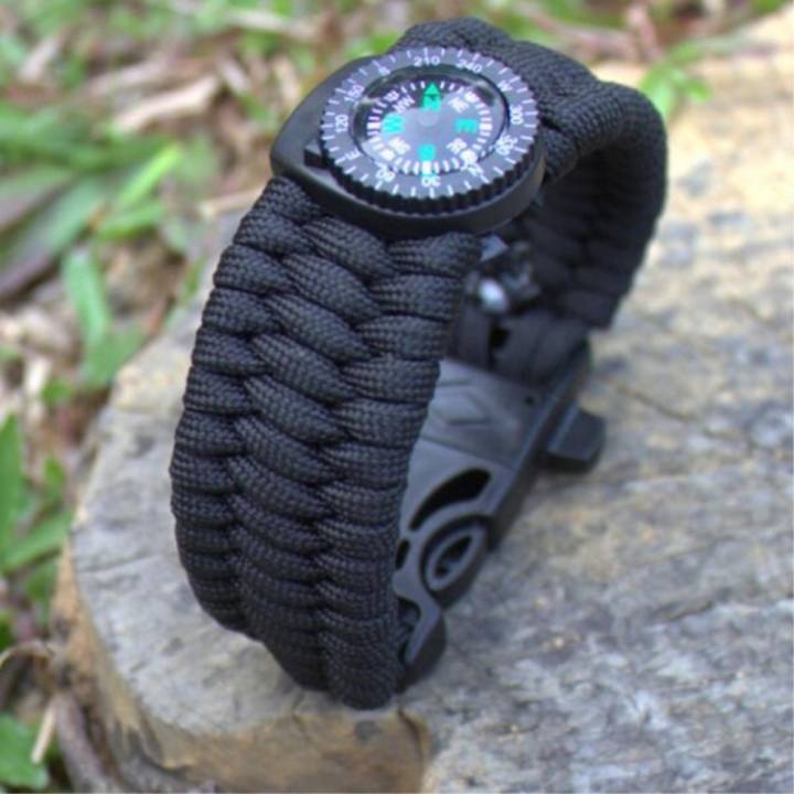 สายรัดข้อมือ เอาตัวรอด เชือกรัดข้อมือ สำหรับเดินป่า PARACORD พร้อมแท่งจุดไฟ นกหวีด เข็มทิศ (Black)