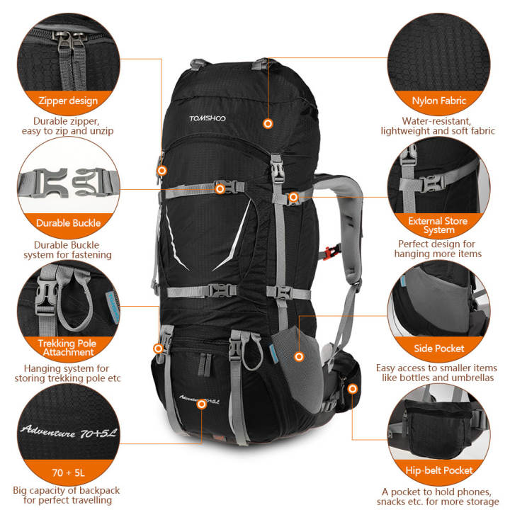 TOMSHOO Backpack 70+5L Outdoor Sport Water-resistant Internal Frame Backpack Backpacking...