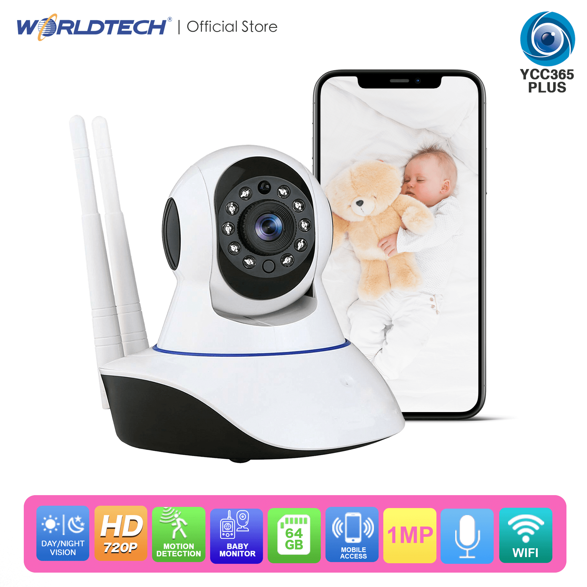 Worldtech WT-CCM002IP720P(GV)-BM Baby Monitor Security Camera CCTV  Robot HD 720p Wireless IP CAMERA 1MP พร้อมคู่มือภาษาไทย