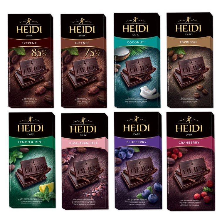 HEIDI Dark Chocolate 80 g. ดาร์คช็อคโกแลตแท้นำเข้า ขนาด 80 กรัม ขนมช๊อกโกแลต ขนมนำเข้า แบรนด์ดังจากสวิสเซอร์แลนด์ มีให้เลือก 8 รสชาติ