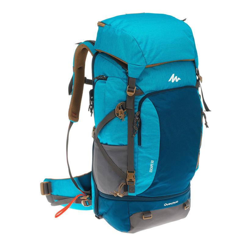 WOMEN'S TREKKING 50L BACKPACK WITH PADLOCK BLUE เป้สะพายหลังแบบล็อคได้เพื่อการเดินทางไกลสำหรับผู้หญิง  FORCLAZ