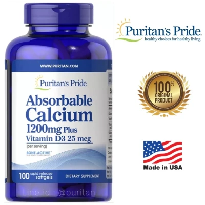 ป้องกันและบำรุงกระดูกและฟัน [100 Softgels] Puritan's Pride Absorbable Calcium 1200 Mg With Vitamin D 1000 IU