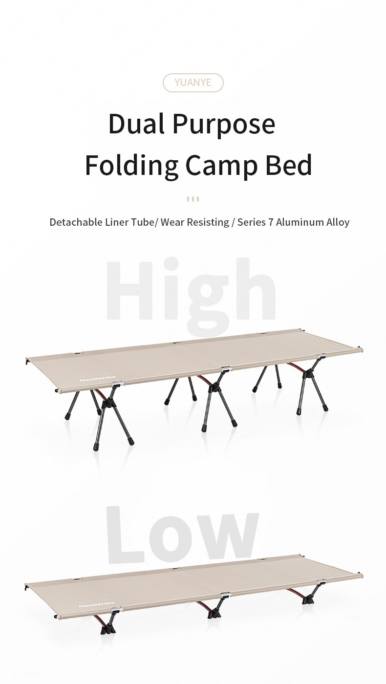เตียงพับ ปรับระดับได้ NatureHike รุ่น NH20JJ009 สีกากี&สีดำ รับน้ำหนักได้ 150 กก โครงสร้างอลูมิเนียม เตียงสนาม เตียงแคมป์ปิ้ง Folding Camp Bed Portable Single