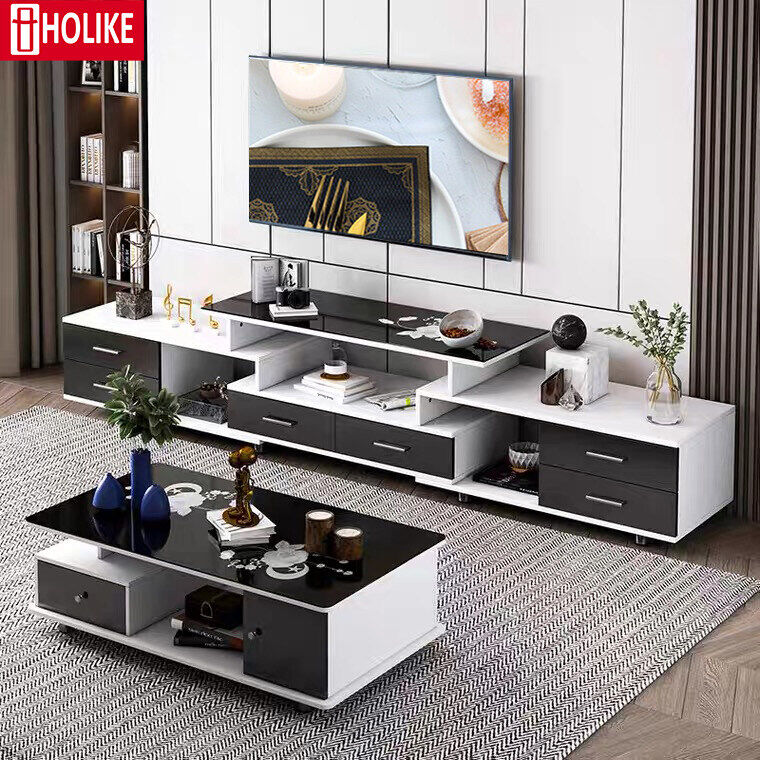 HOLIKE ชั้นวางทีวี 55 โต๊ะวางของ พื้นผิวกระจกสัมผัสที่ละเอียดอ่อ ช่องเก็บของความจุมาก สีขาวดำ ตู้วางทีวีที่ทันสมัย ชั้นวางทีวี43 TV cabinet