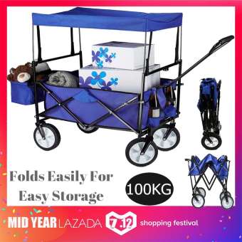 Double รถเข็นสินค้า Sports Collapsible Folding Outdoor Utility Wagon Shopping Cart(Blue)