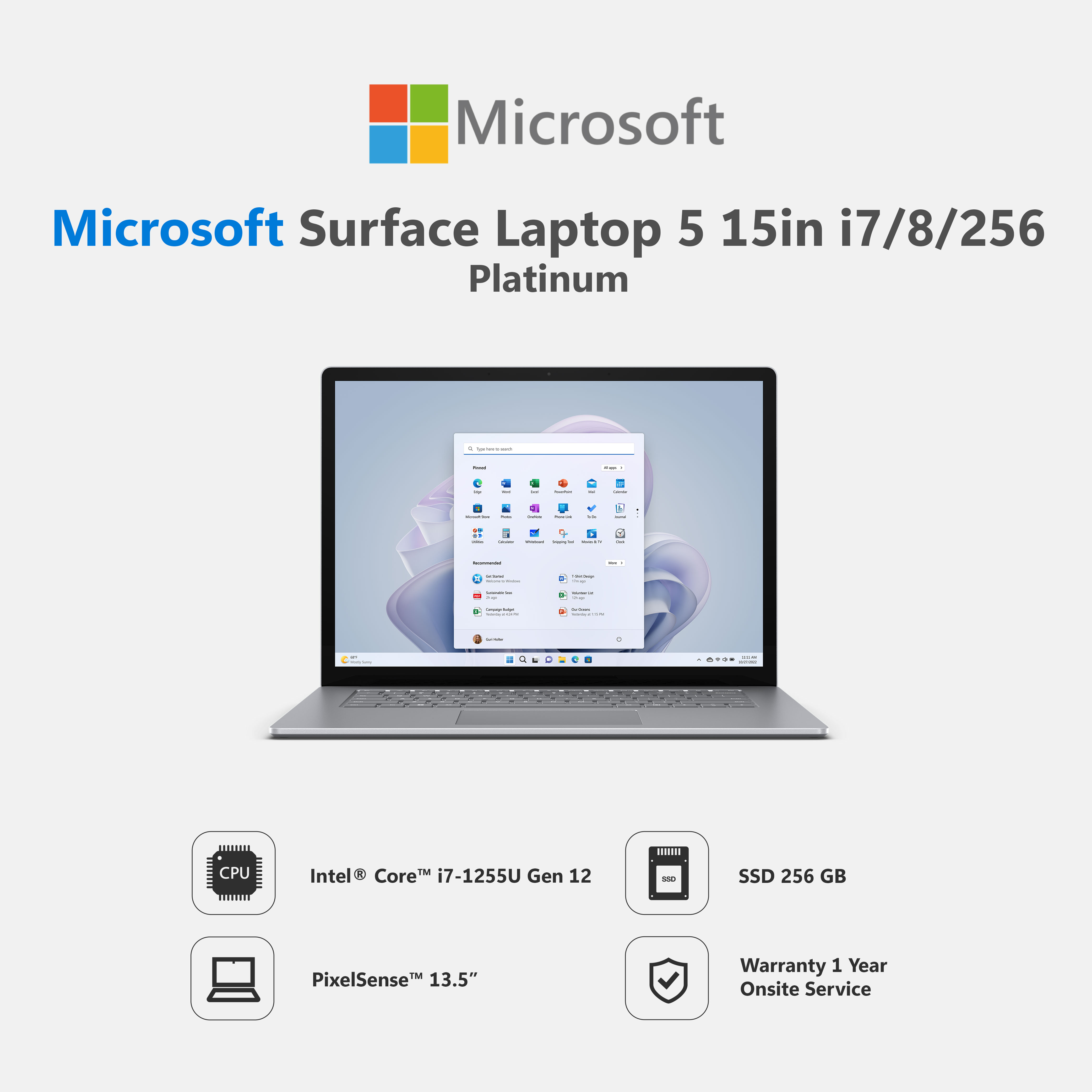 Surface Laptop 5 15in i7/8/256 Platinum - ยี่ห้อ Microsoft ราคา 49,558 บาท*ส่งฟรี